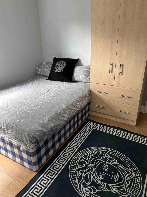 伦敦Studio apartment的一间卧室配有床、橱柜和地毯