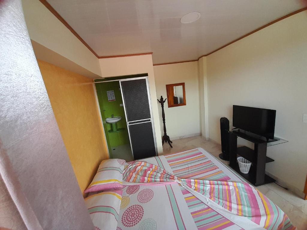 El BordoAlojamiento Panamericano San Miguel的一间卧室配有一张床和一台平面电视