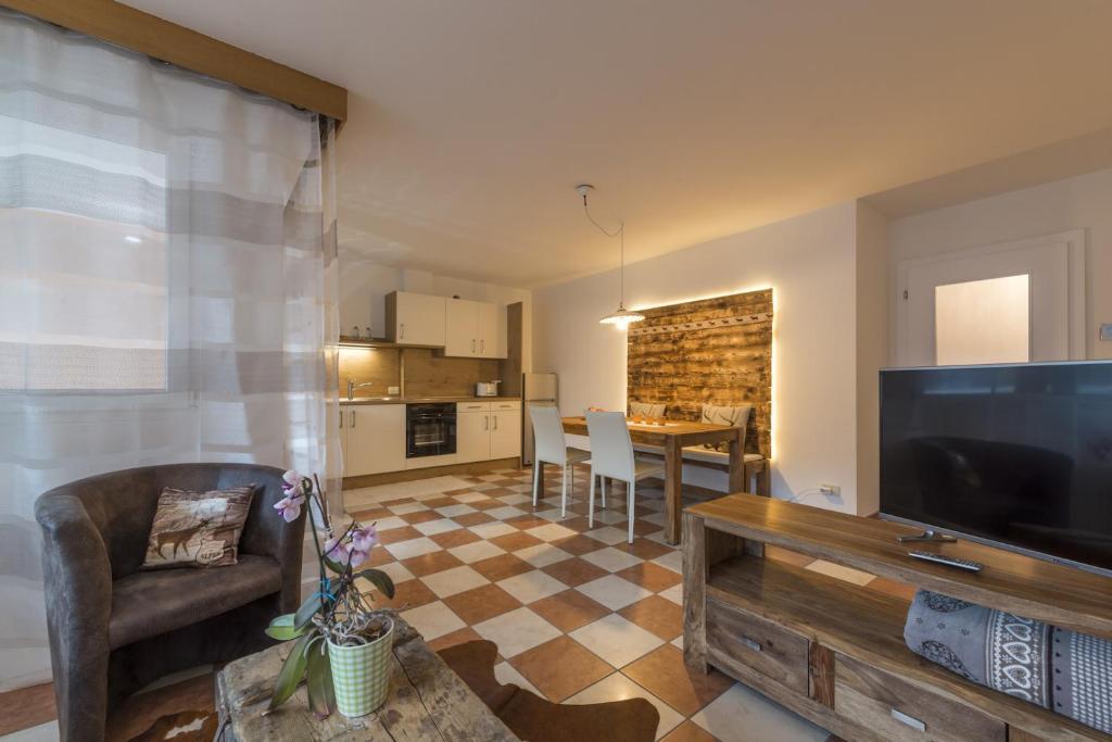 里约·迪·普斯特里亚Apartment Sofia的一间带大屏幕平面电视的客厅和一间厨房