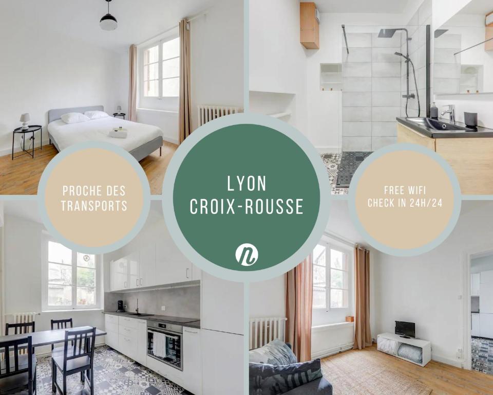 里昂Le White Cozy - Lyon - Croix Rousse的厨房和客厅的照片拼合在一起