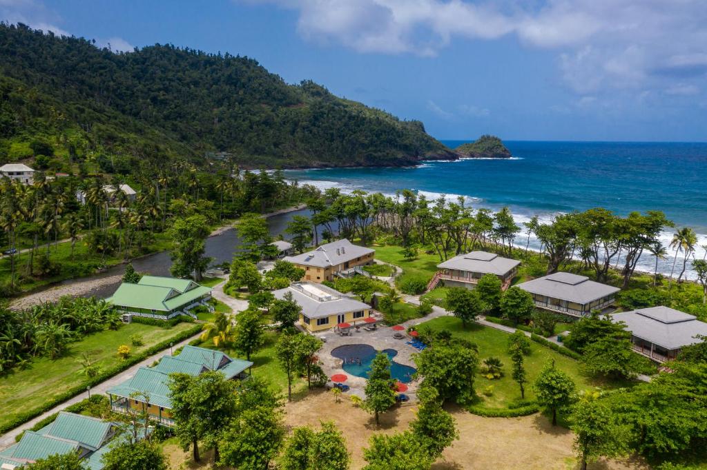 RosalieRosalie Bay Eco Resort & Spa的享有度假村和海洋的空中景致