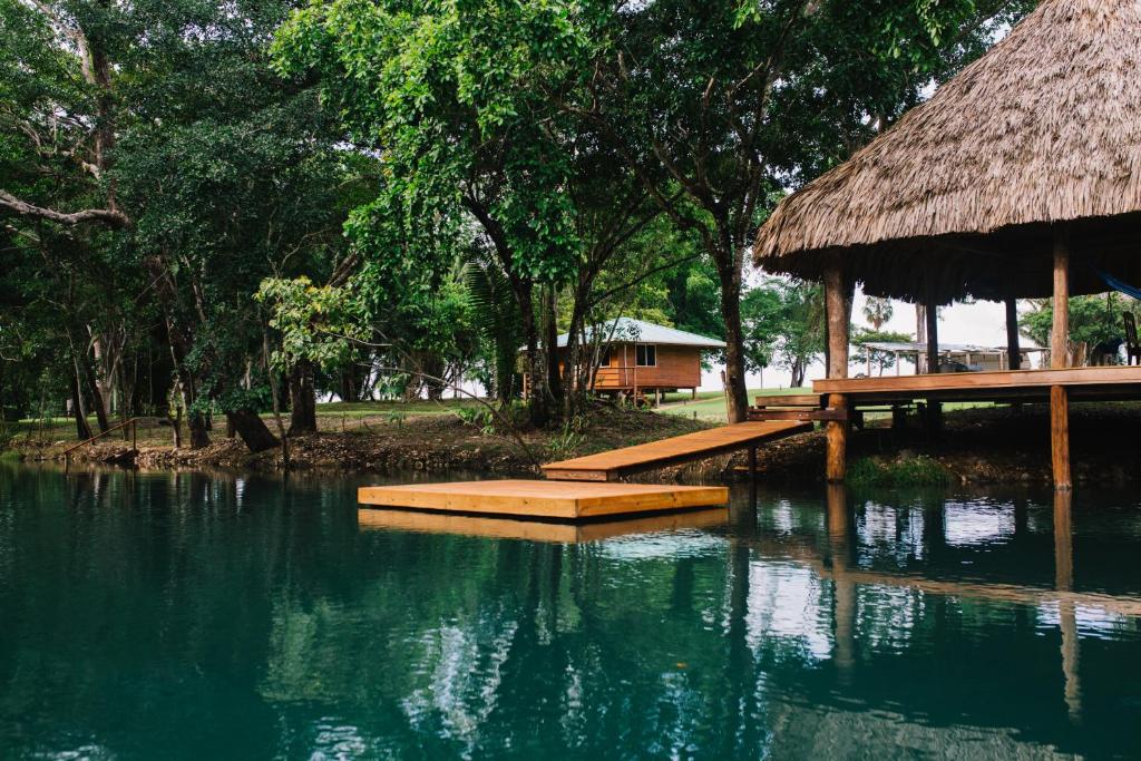 奥兰治沃克Crystal Creek Lodge的一座水池,有一座建筑和一座小屋