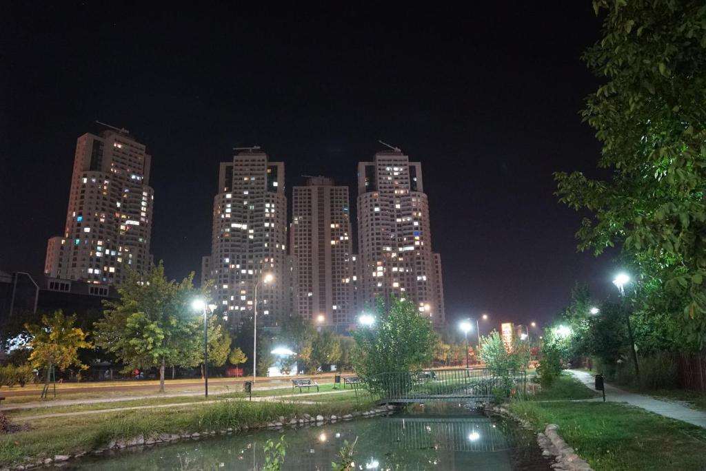 斯科普里Skopje Sky City 19th Floor Twin Apartments with Indoor Pool & Spa & Fitness Including in Price的城市天际线,在公园里有一个池塘