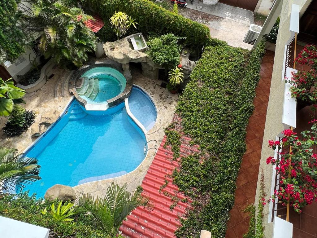 弗洛勒斯玛雅金塔酒店的花园游泳池的顶部景色