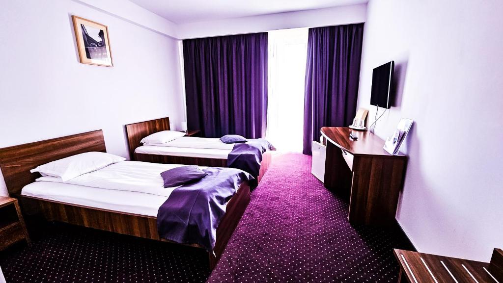 锡比乌伊甸酒店的酒店客房配有两张床和一张书桌