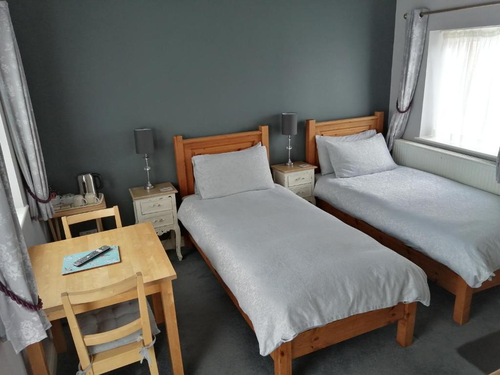 Risley里斯利宾馆的客房设有两张床、一张桌子和一扇窗户。