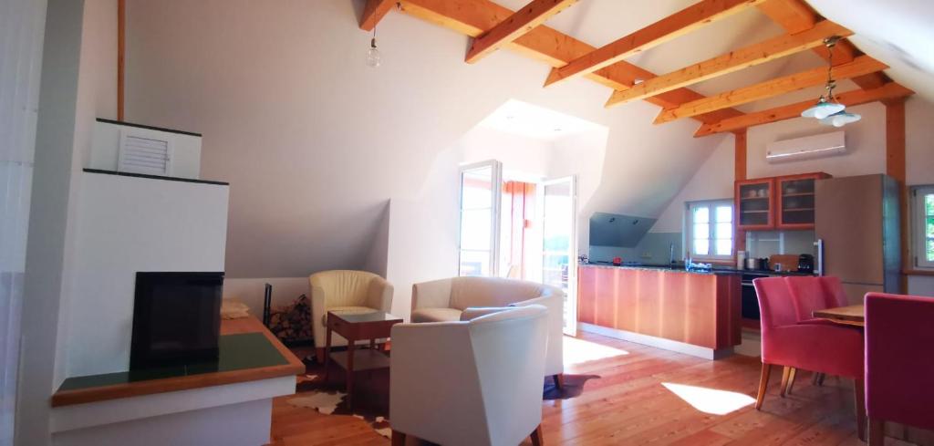 SchwanbergChalet-Südsteiermark - traumhafte Aussicht, Infinity Pool, Privatsphäre, Klima und de-luxe Ausstattung的一间带桌椅的客厅和一间厨房
