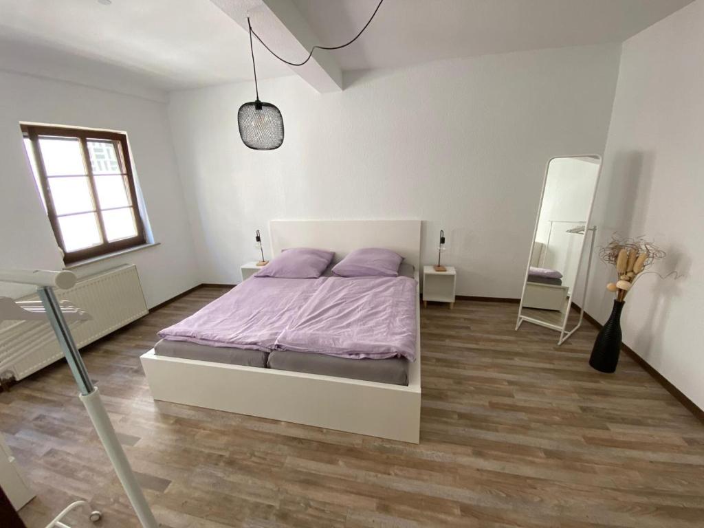 魏尔堡Weilburg-Domizil的一间铺有木地板的白色卧室,配有一张床