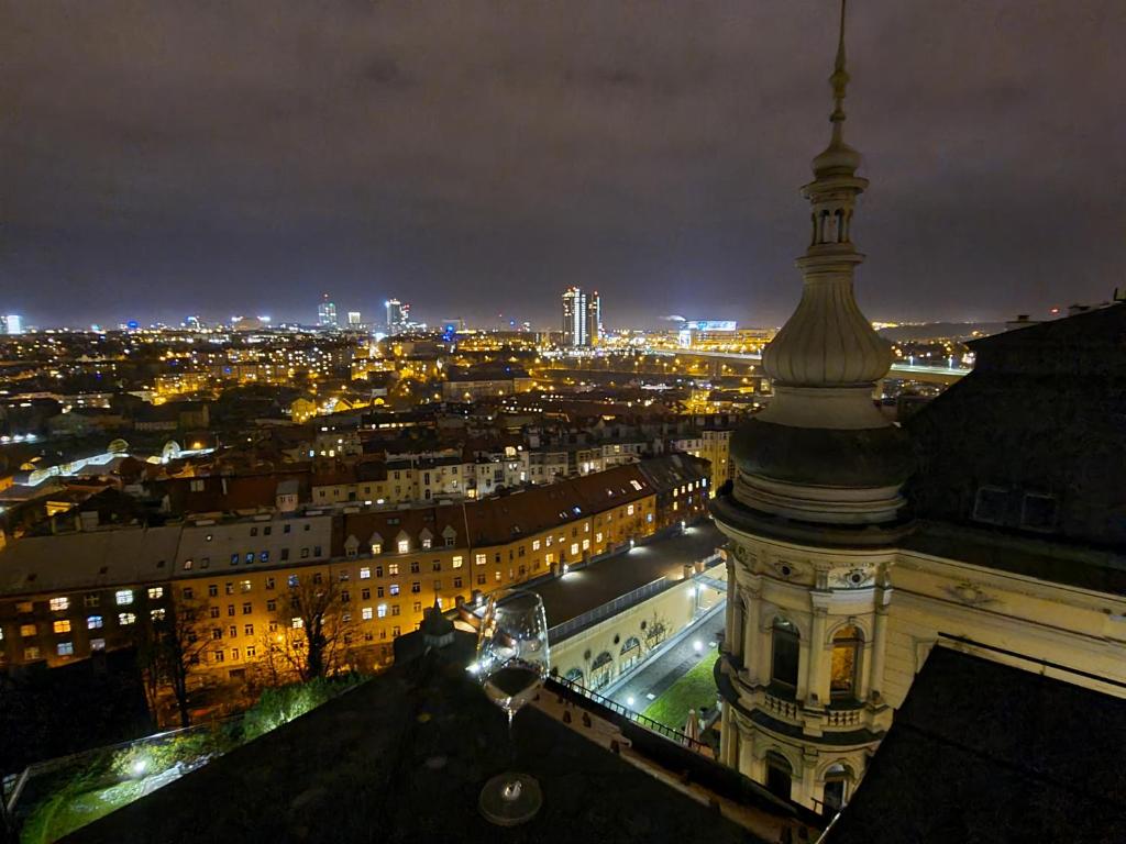 布拉格Luxury rooftop appartment with fantastic views的夜晚用葡萄酒杯欣赏城市美景