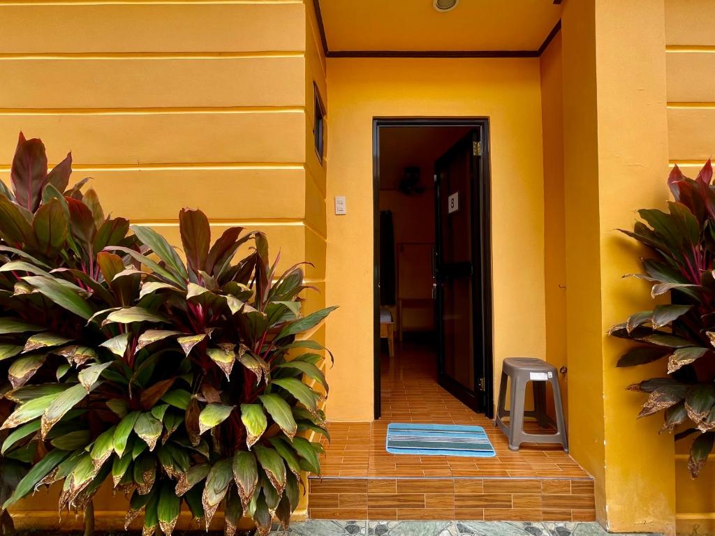 锡基霍尔GOLDEN SUNSET INN的黄色墙壁和植物的建筑走廊