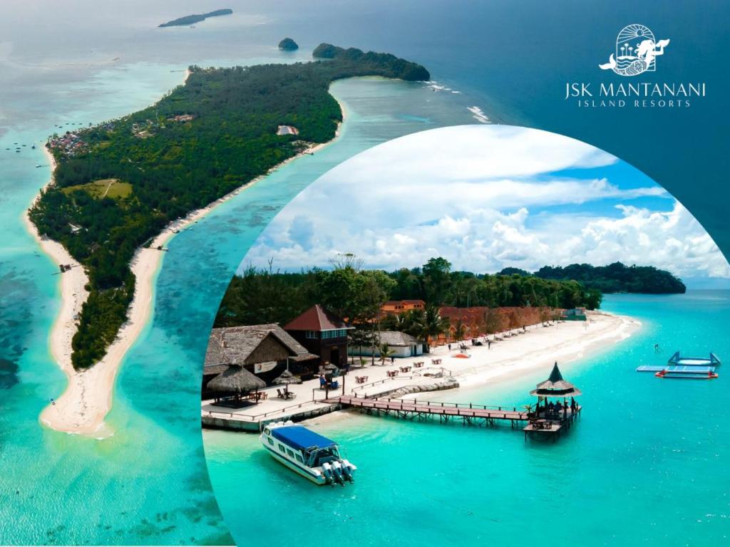 美人鱼岛JSK Mantanani Island Resorts的水中有一个码头和船只的岛屿