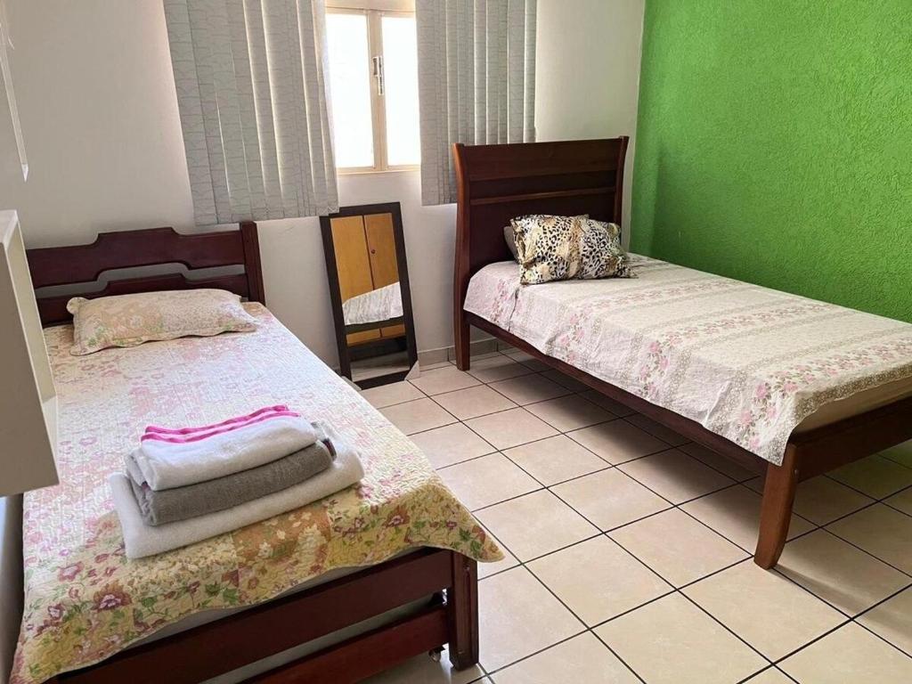 戈亚尼亚Pousada Lopes na Fama的一间卧室设有两张床和绿色的墙壁