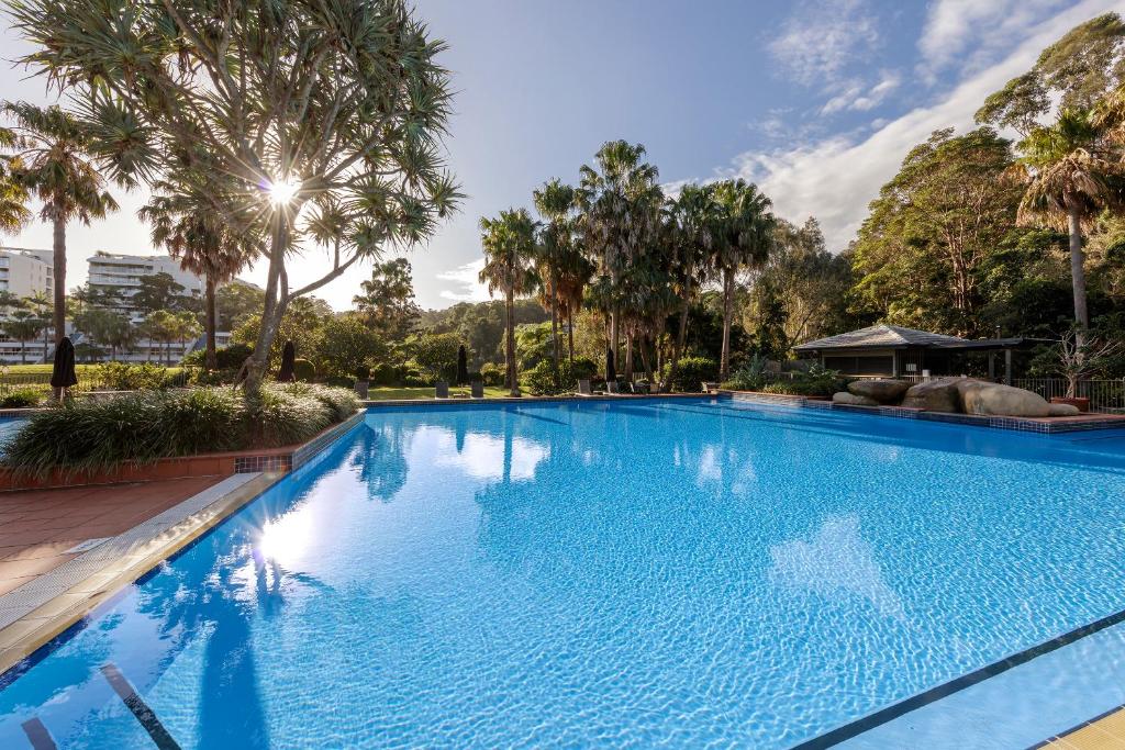 科夫斯港Club Wyndham Coffs Harbour Terraces的一个种有树木的大型蓝色游泳池