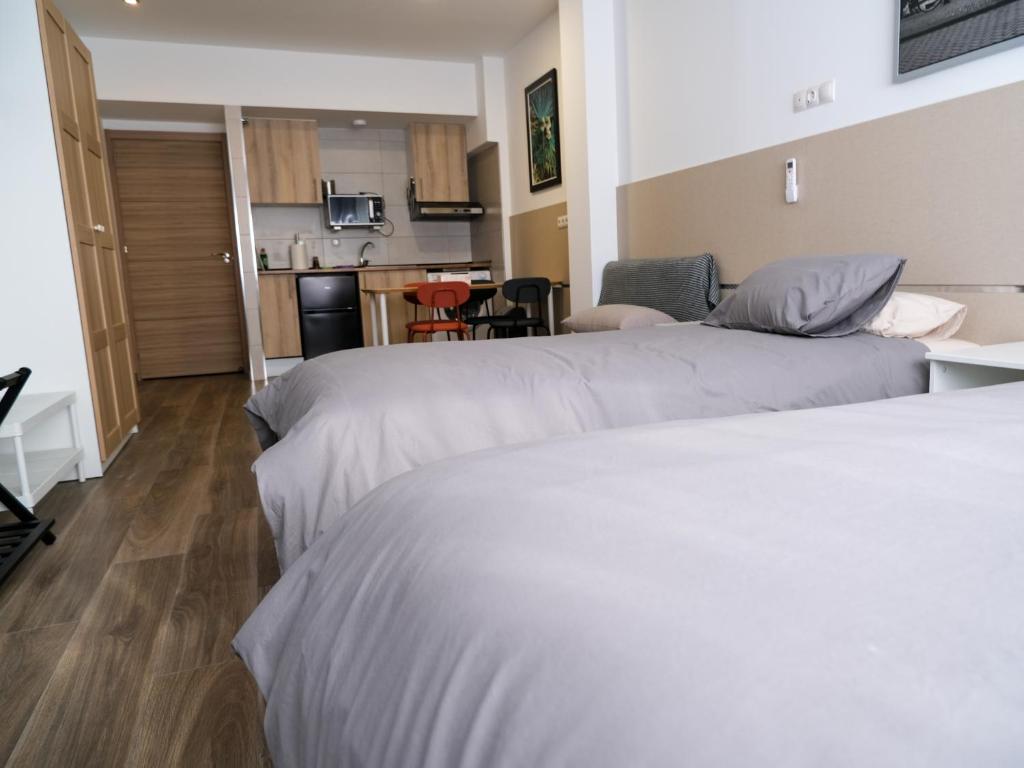 马德里Alianza Suites的酒店客房带两张床和厨房