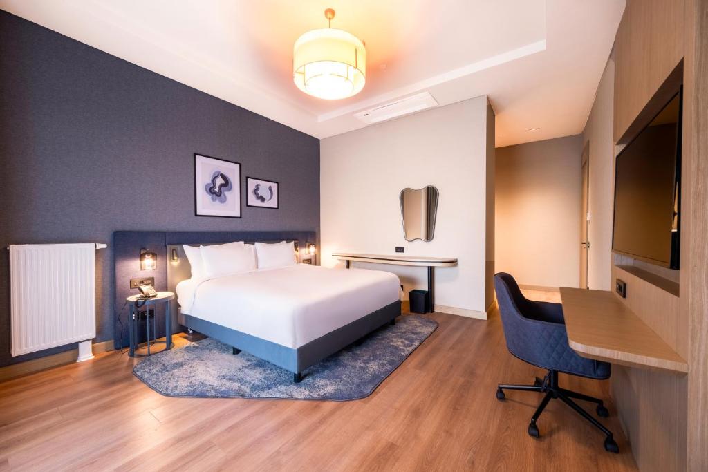 伊斯坦布尔Avrupa Residence Suites的配有一张床和一张书桌的酒店客房