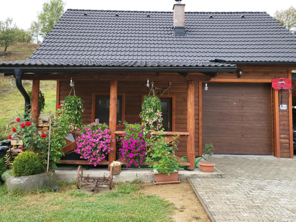 HriňováChata Hriňová的前面有鲜花的木屋