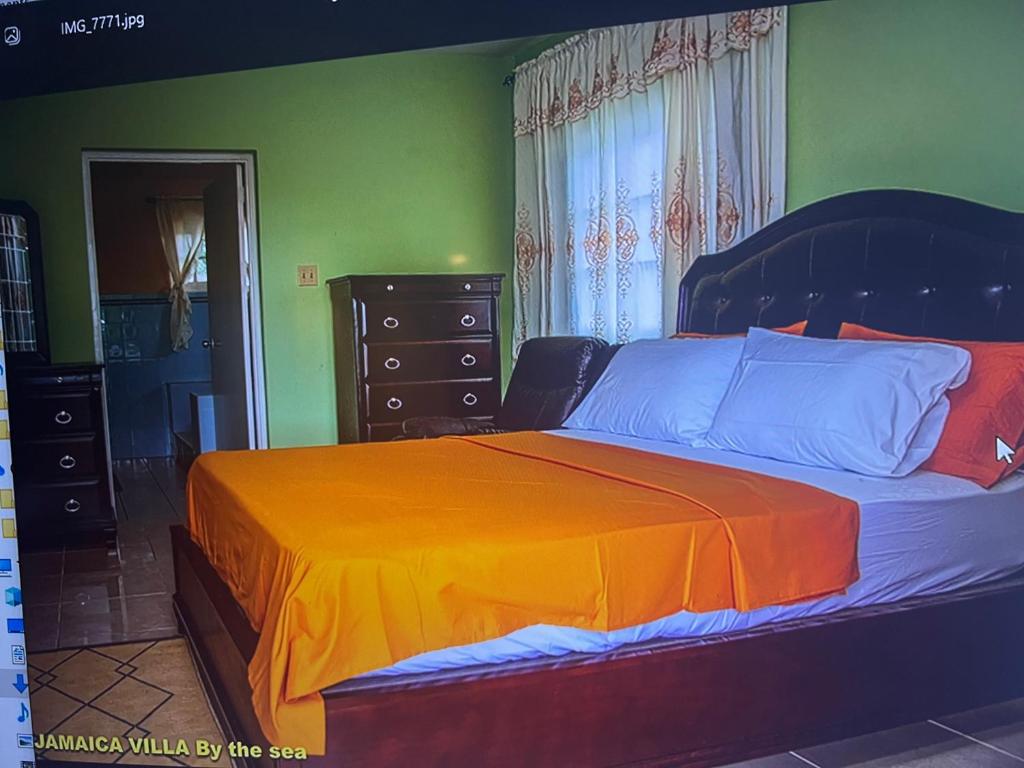 圣玛丽Jamaica Villa By The Sea的一间卧室配有一张带橙色毯子的大床