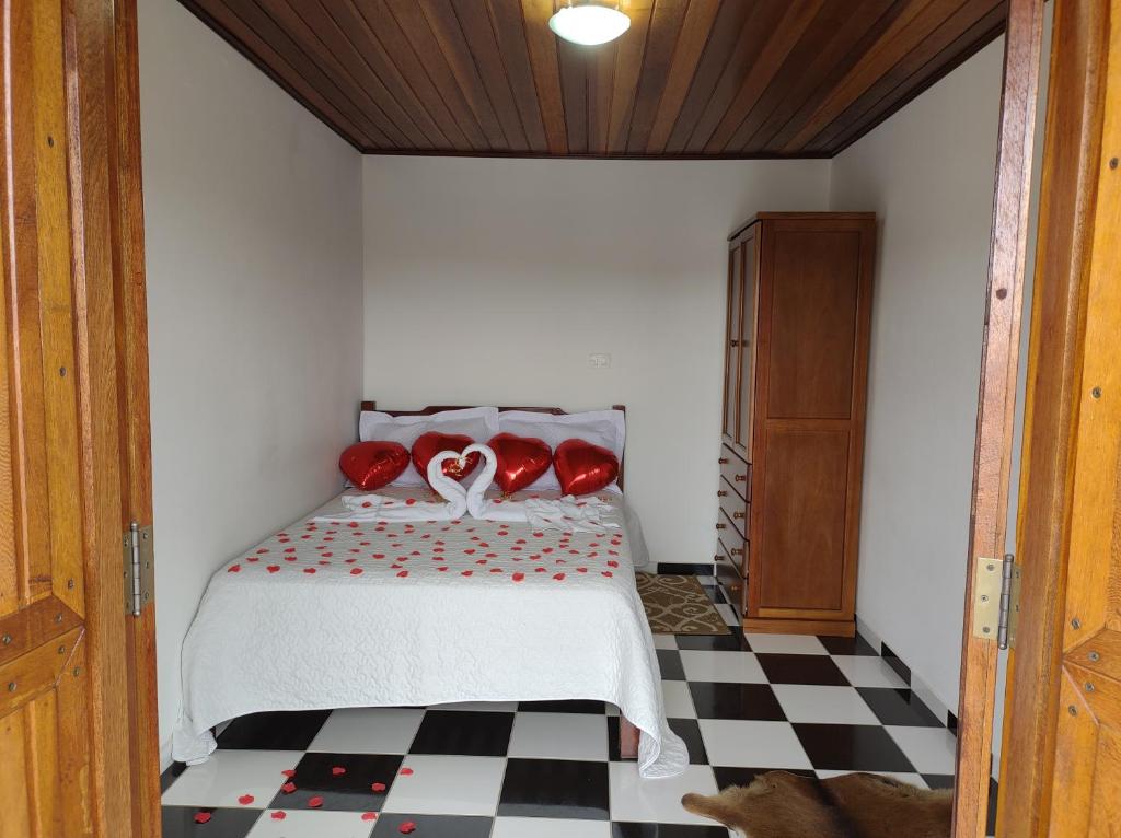坎波斯杜若尔当Flats Brancas Nuvens的一间卧室配有一张带红色枕头的床