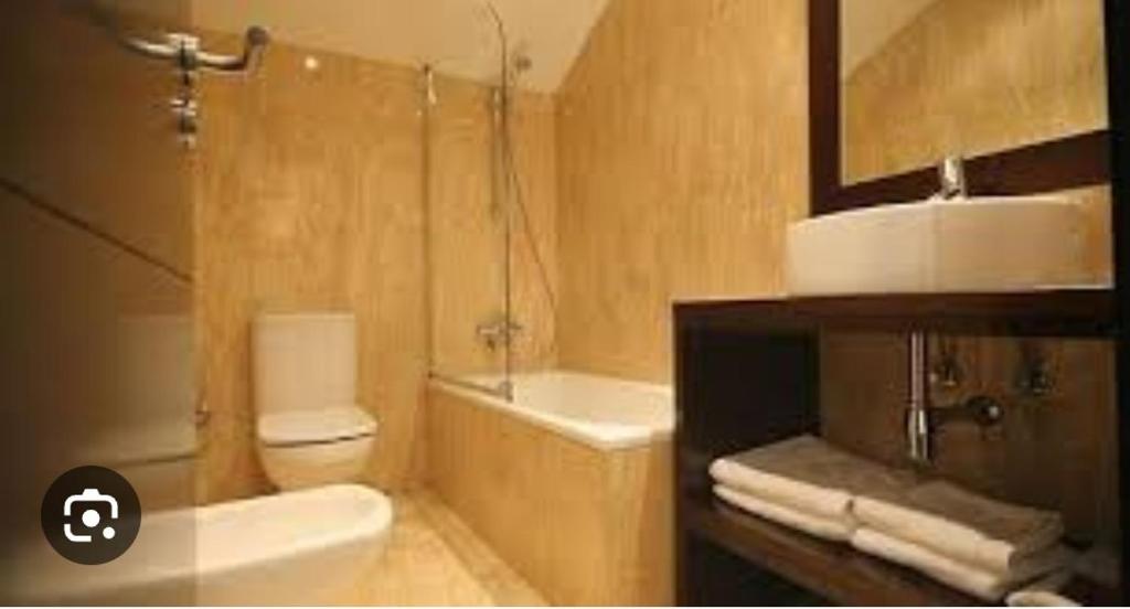 布尔戈斯hotel asador versus的浴室配有卫生间、盥洗盆和浴缸。