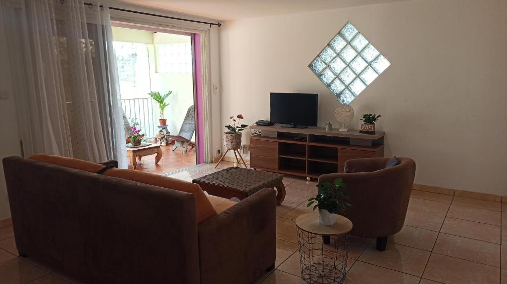 勒唐蓬Entre mer et montagne的客厅配有两张沙发和一台电视