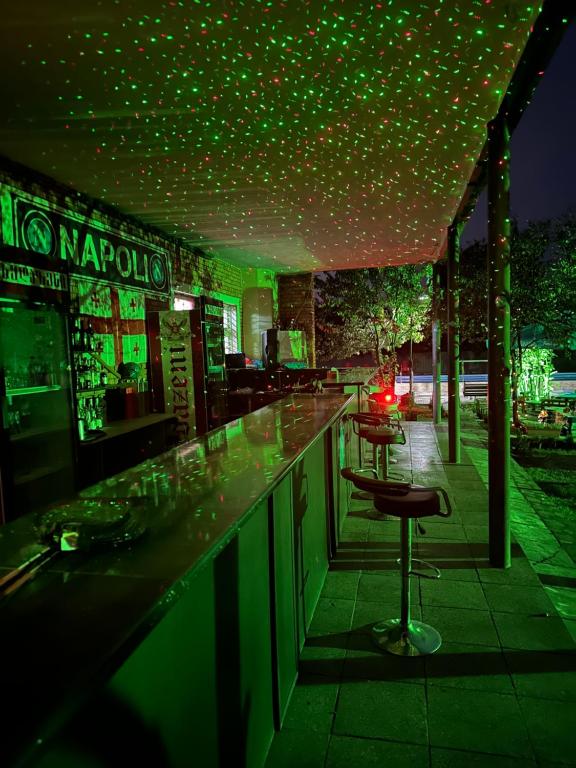 NatakhtariNapoli Nataxtari Guest house,Hostel,pool, kemping的一间设有酒吧凳子的绿色酒吧