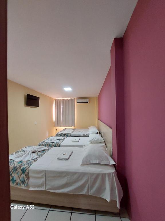 特雷西纳Executivo Prime Hotel的配有两张床的带粉红色墙壁的客房