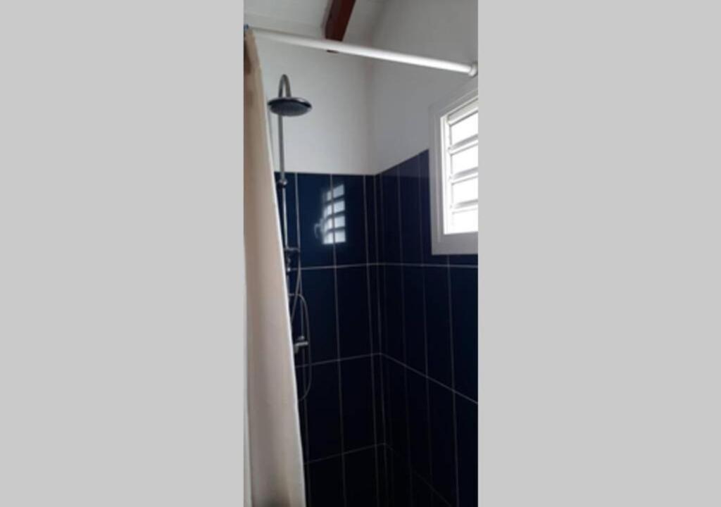 萨莱比梅Mango Villa的带淋浴的浴室和蓝色瓷砖墙