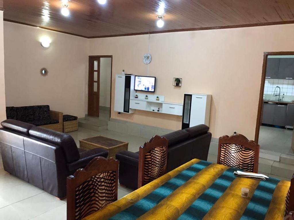 班基Villa Sophie à Sassara Pk 12 Bangui的客厅配有沙发、椅子和电视