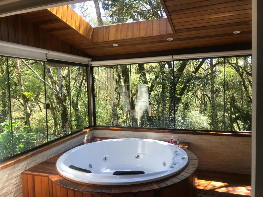 蒙特韦尔迪Chalés Recanto das Montanhas的设有一个大浴缸的大窗户