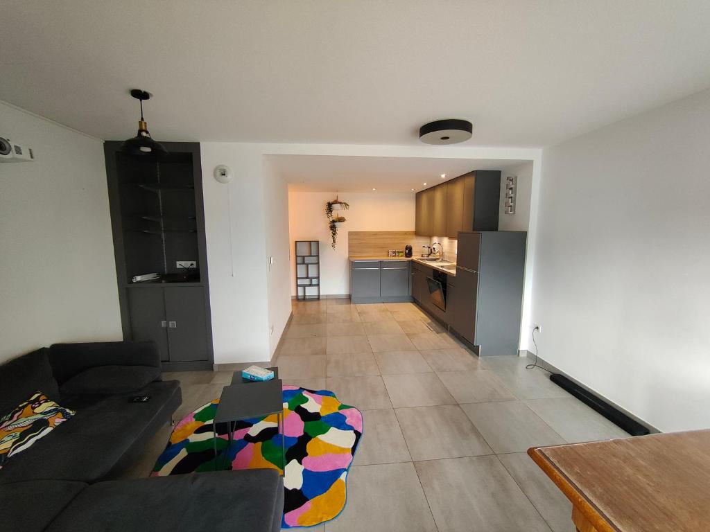 圣路易Appartement moderne tout équipé (Vidéoprojecteur, Domotique etc...)的带沙发的客厅和厨房