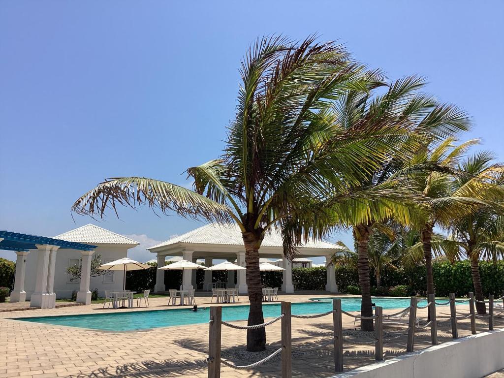 普拉亚斯CasaMuyuyo - Hermosa Casa de Playa a 1h20 de Guayaquil的一座棕榈树和遮阳伞的度假游泳池