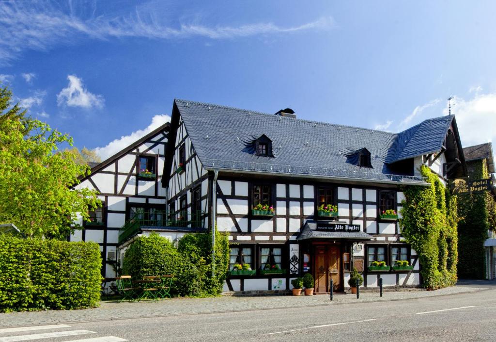 哈姆Romantik Hotel Alte Vogtei的一座黑白大建筑,有灌木和树木