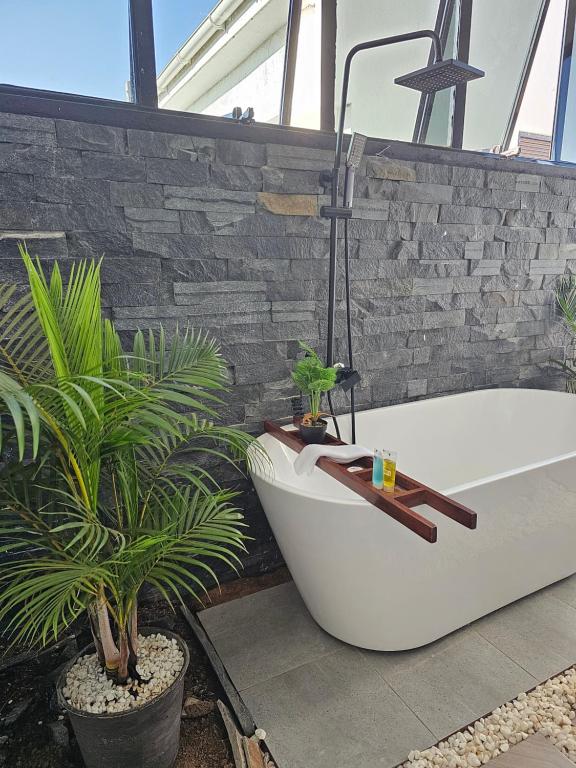 坎帕拉Muguet by Ibiscot development的浴缸位于两株盆栽植物旁边