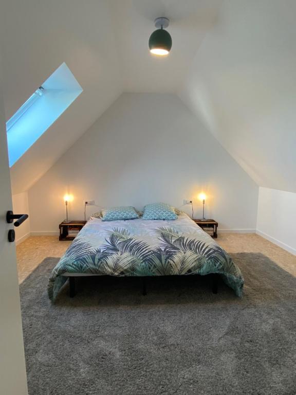 DingsheimPandhome的一间卧室配有一张带蓝色枕头的床。