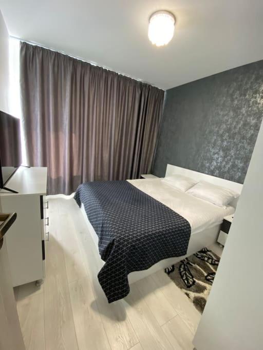 RoşuApartament tip studio的卧室设有黑白床和窗户。