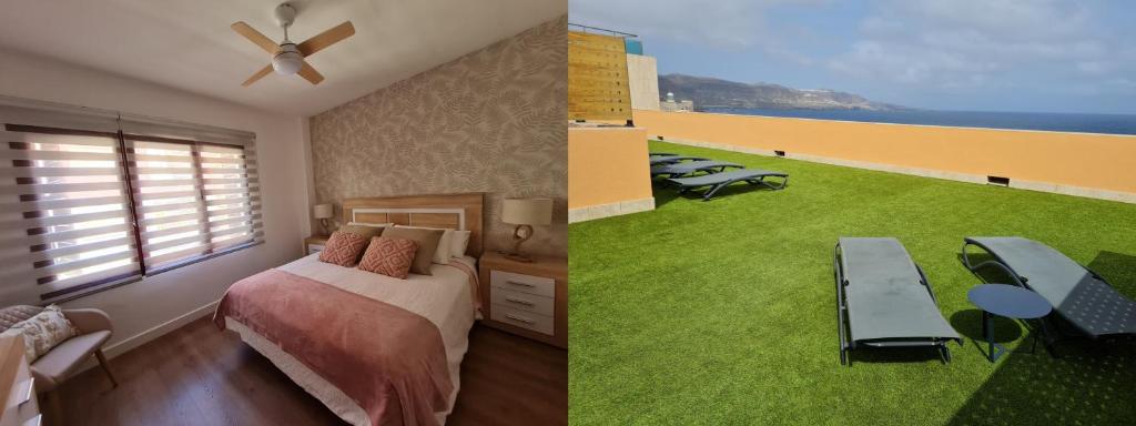 大加那利岛拉斯帕尔马斯Your Canary Home的一间卧室配有一张床,享有海景