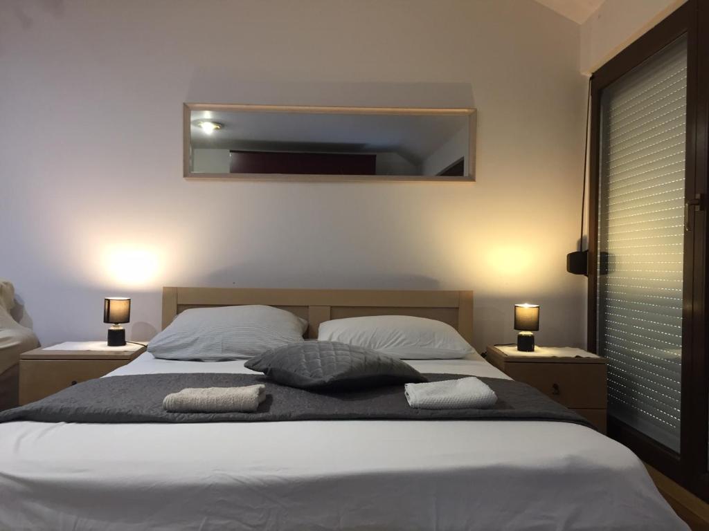奥西耶克Hostel Lega House的一间卧室配有一张带两个枕头和镜子的床
