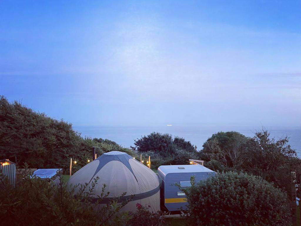 NitonPuckaster Cove Garden Yurt的院子里的几个帐篷和野营车