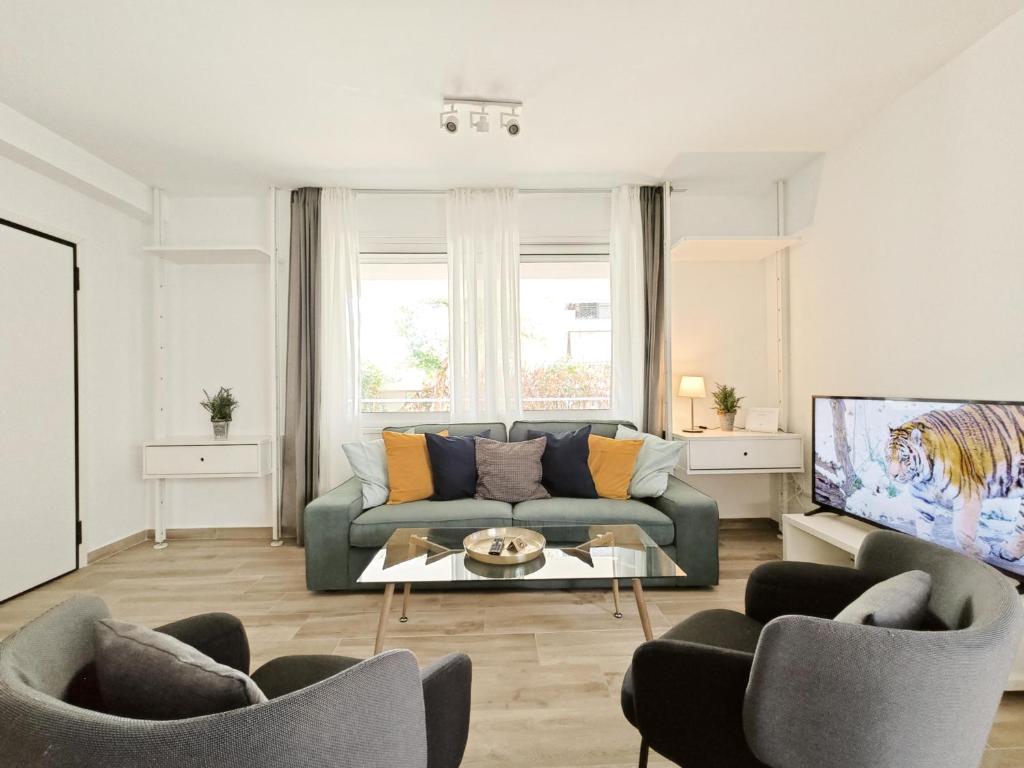 雅典Nemeseos Apartments by Verde的带沙发和电视的客厅