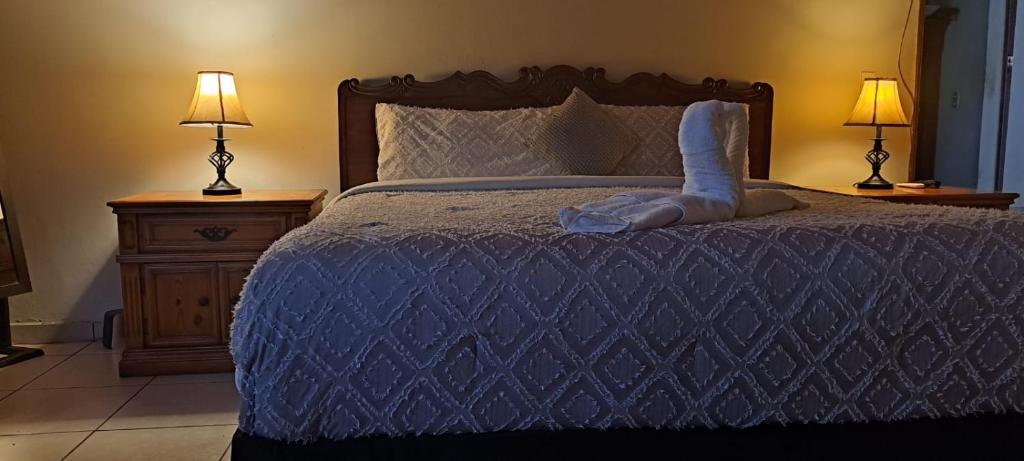 圣萨尔瓦多Kartagus Guest House的一间卧室配有一张带蓝色被子的床和两盏灯。