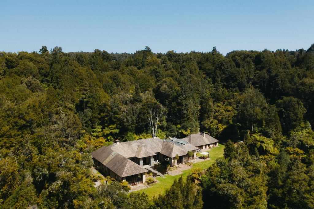 胡若胡若树顶庄园旅舍的树林中一组小屋的空中景色