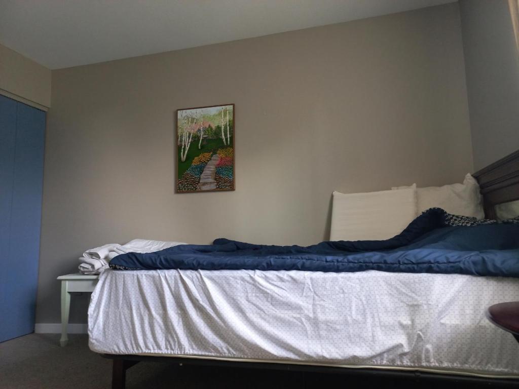 金斯顿Sunshine Bayridge的卧室内的一张床铺,墙上挂着一幅画