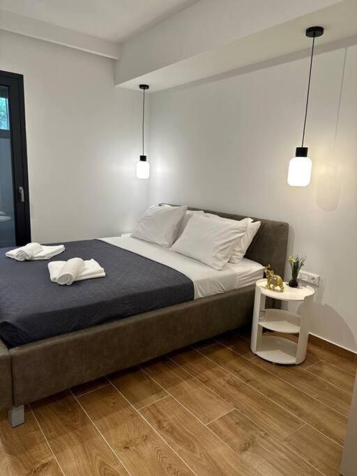 比雷埃夫斯Moschato Stylish Home 1 vipgreece的一间卧室配有一张大床和一张边桌