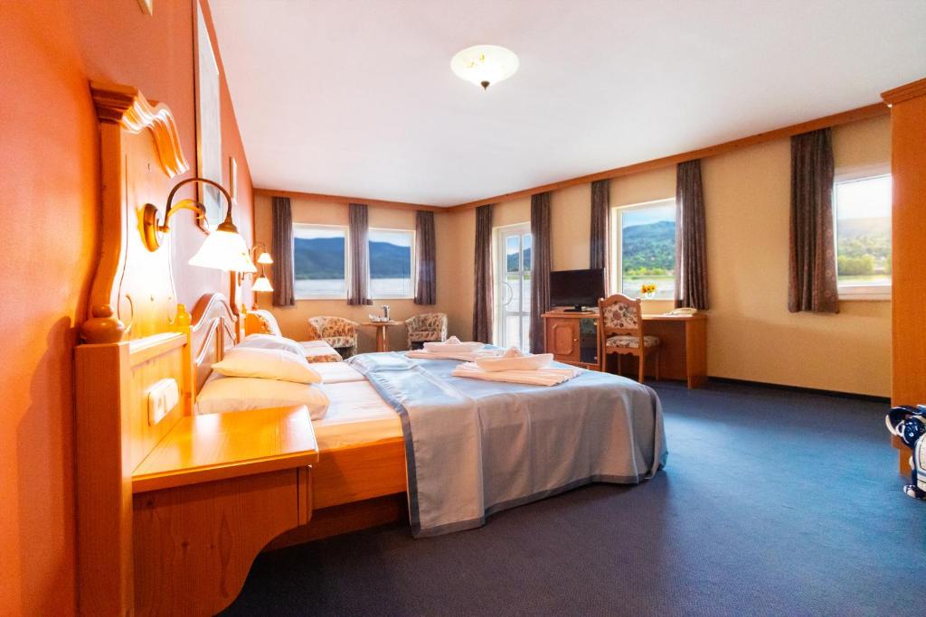 维谢格拉德Aquamarina Hotel Visegrád的配有一张床和一张书桌的酒店客房
