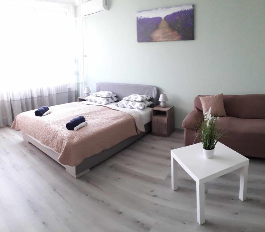 尼赖吉哈佐Sweet Dreams Apartman的一间卧室配有一张床、一张沙发和一张桌子