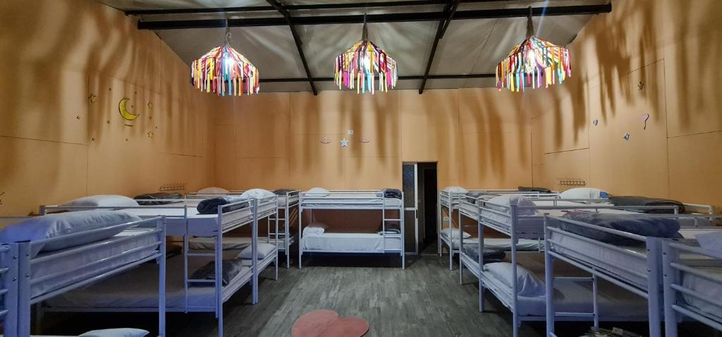 Dajti Paradise Hostel的客房设有一排双层床和吊灯。
