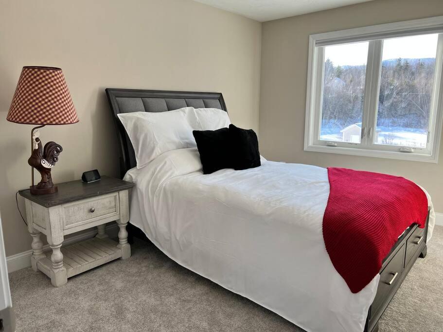 DoverNew luxury spacious 3BR 3BA 1 mile from Mt Snow的一间卧室设有一张大床和一个窗户。