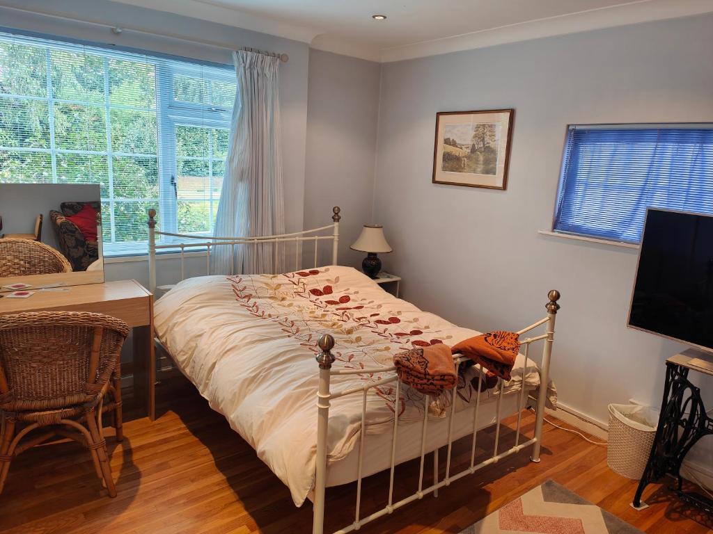 MerstonBracken Lodge的一间卧室配有一张床、一张书桌和一个窗户。