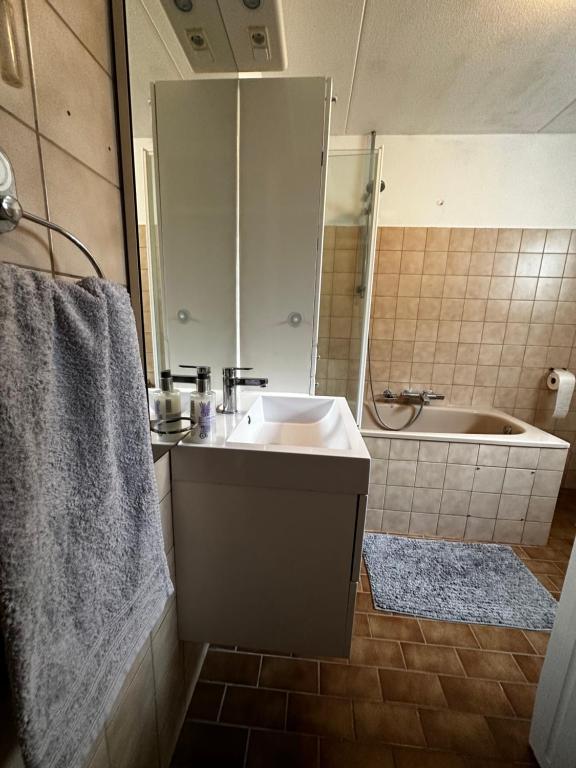奥斯Room in Oss的浴室配有盥洗盆和浴缸。