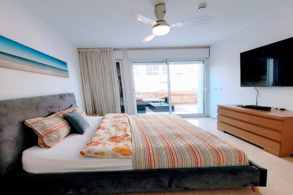荷兹利亚Feeling Home Garden Apartment的一间卧室配有一张床、梳妆台和电视。